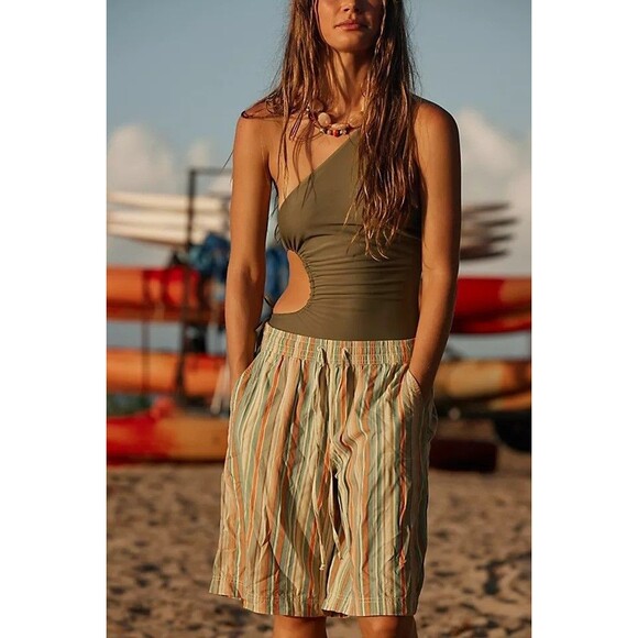 Free People Saylor Poplin Stripe Shorts Printed Mid-Rise Pull-on S NWT 283575 - Picture 2 of 12